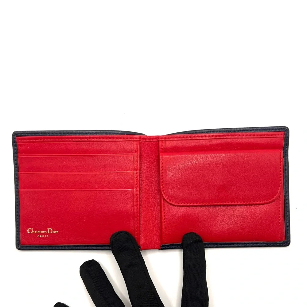 Authentic Christian Dior Dark Navy & Red CD Embossed Leather Bifold Wallet EUC
